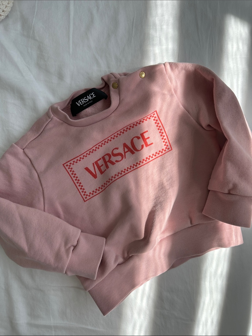 Baby Versace Pink Sweatshirt with Red Logo and Gold Buttons